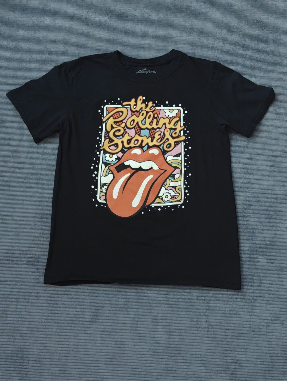 The Rolling Stones Graphic Tee Black Retro Psychedelic Logo Small